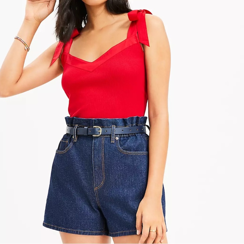 Loft High Rise Paperbag Pull On Denim Shorts in Dark Rinse